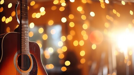 Fototapeta premium Music bokeh blurred background with guitar with copy space