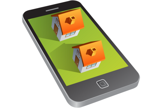 Digital png illustration of smartphone with two houses on transparent background - Powered by Adobe