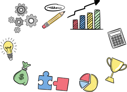 Digital png illustration of charts, gears and shapes with copy space on transparent background
