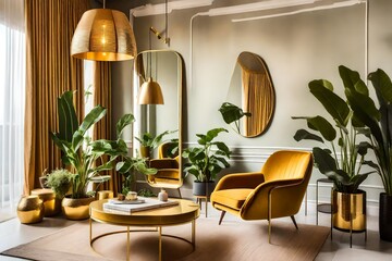 modern living room with table, A stylish and luxury interior with a design honey yellow armchair, gold lamp, and mirror, adorned with vibrant plants and a plush pillow