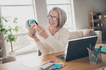 Photo of adorable pretty elderly lady wear white choosing design colors samples indoors apartment...