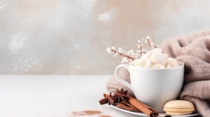 Naklejka na ściany i meble cozy winter background with cup of cocoa with space for text
