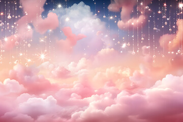 Sugar cotton pink clouds vector design background. Glamour fairytale backdrop. Plane sky view with stars and sunset. Watercolor style texture. Delicate card. Elegant decoration. Fantasy pastel color   - obrazy, fototapety, plakaty