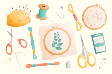Set of tools for hobby, embroidery needlework, hoop, thread, needle, floss, scissors and pincushion. Cartoon vector illustration