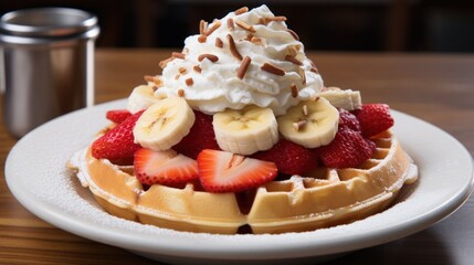 Obraz na płótnie Canvas A mouthwatering waffle with sliced bananas strawberries