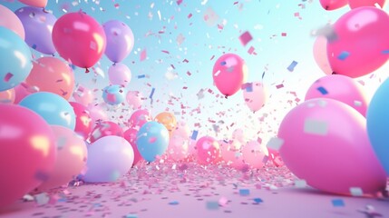 Party confetti, balloons, streamers, fireworks, and other decorations are displayed in a colorful celebration scene on a pink background. - obrazy, fototapety, plakaty