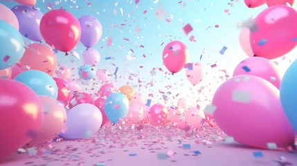 Foto op Aluminium Party confetti, balloons, streamers, fireworks, and other decorations are displayed in a colorful celebration scene on a pink background. © Anmol