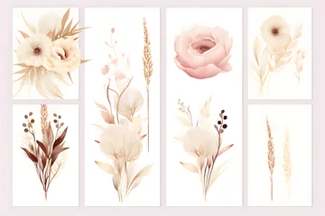 Fotobehang Flower geometric line art vector design frames. Wedding watercolor flowers. Ivory white peony, dusty pink blush rose, beige magnolia, lagarus, pampas grass, dried leaves cards. Isolated and editable   © Huster