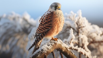Kestrel perched on an icy branch