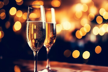 New year party champagne glass with bokeh banner copy space
