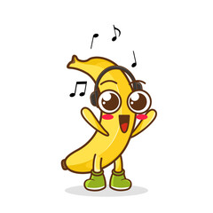 Cute cartoon banana character listening to music and enjoy. Vector character illustration icon isolated on white. banana Fruit cartoon mascot character Listening music on a headset