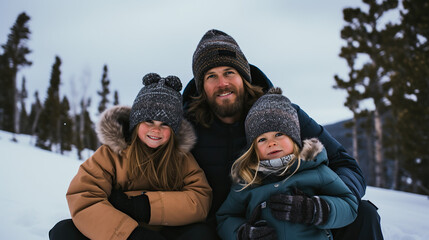 Fototapeta na wymiar Father And His Kids During Winter Holidays