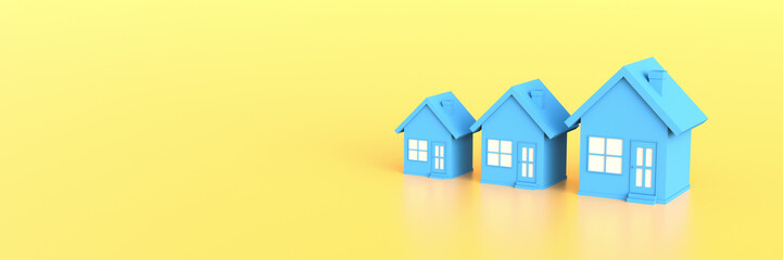 Blue house on yellow background with empty copy space. Hunting and searching concept. 3D Rendering