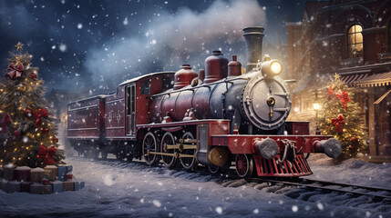 christmas old locomotive in winter