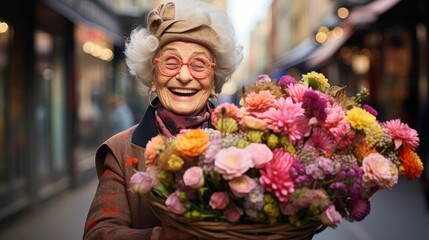 elderly woman with a bouquet of flowers