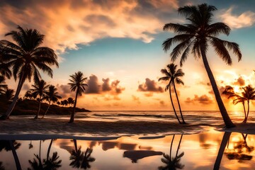 Fototapeta na wymiar A beach at sunset with palm trees and white sand