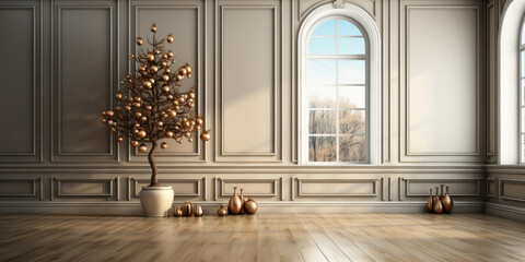 Generative ai illustration of Empty room with decorated christmas Tree