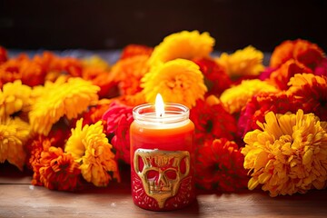 Obraz na płótnie Canvas Candles and marigold flowers. Day of the dead concept dia de los muertos.