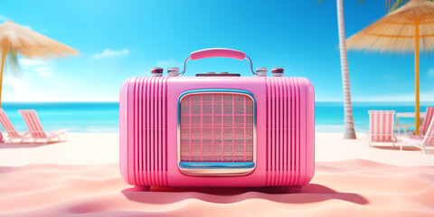 Radio device on an sandy sea beach. Pink colored radio on the sand near the ocean water. Red radio near a palm tree on a empty desert island. Purple radio station. Copy space for text - obrazy, fototapety, plakaty