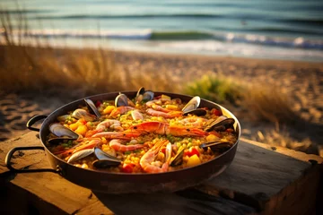 Foto op Canvas Seafood paella on the beach in Spain, a traditional dish. Generative AI © Lark