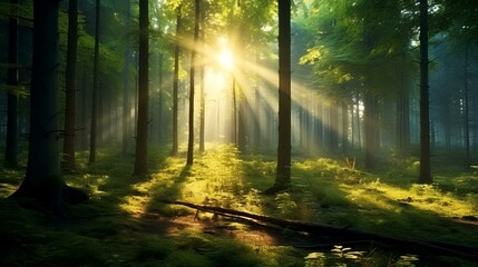 Fototapeta na wymiar Beautiful rays of sunlight in green forest