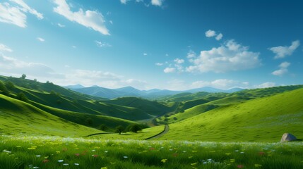 Beautiful spring landscape scene with rolling green 