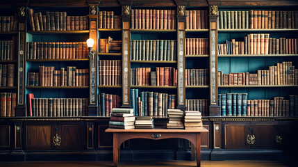 many books on a shelf in a library - obrazy, fototapety, plakaty