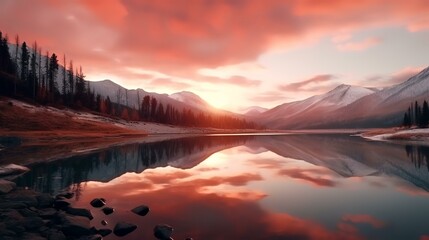 Fototapeta premium Pink sky and mirror like lake