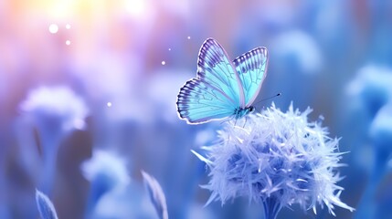 Wild light blue flowers in field and two fluttering fly