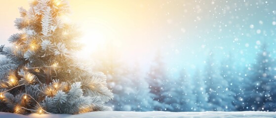 Christmas background with tree and snow with blurred background