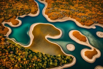 blue ocean with trees, Aerial View of Abstract Natural Patterns on a Lake