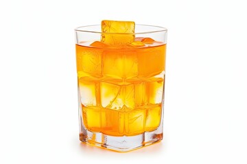 A glass of orange soda water with ice cubes on white background.