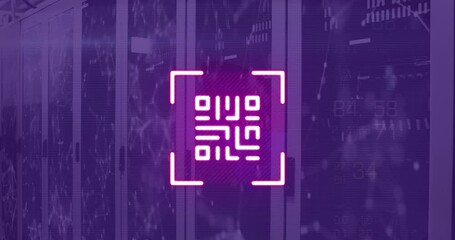 Animation of neon qr code scanner and network of connections against computer server room - Powered by Adobe