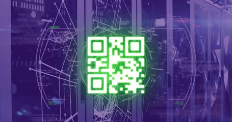 Animation of scope scanning over neon qr code scanner and plexus networks against server room - Powered by Adobe