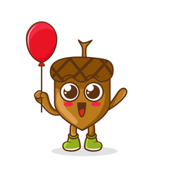 Cartoon of acorn fruit holding a balloon , character design