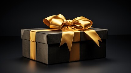 Obraz premium Black gift box with golden ribbon and bow on isolated dark background