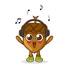 Cute cartoon acorn character listening to music and enjoy. Vector character illustration icon isolated on white. acorn Fruit cartoon mascot character Listening music on a headset