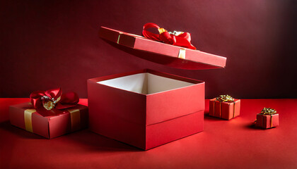 All red gift box concepts blank opening gift box product display showcase isolated on dark red background for christmas valentines and chinese new year days decoration - obrazy, fototapety, plakaty