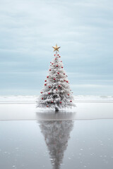 Decorated Christmas tree on plain cold winter landscape with ice and snow