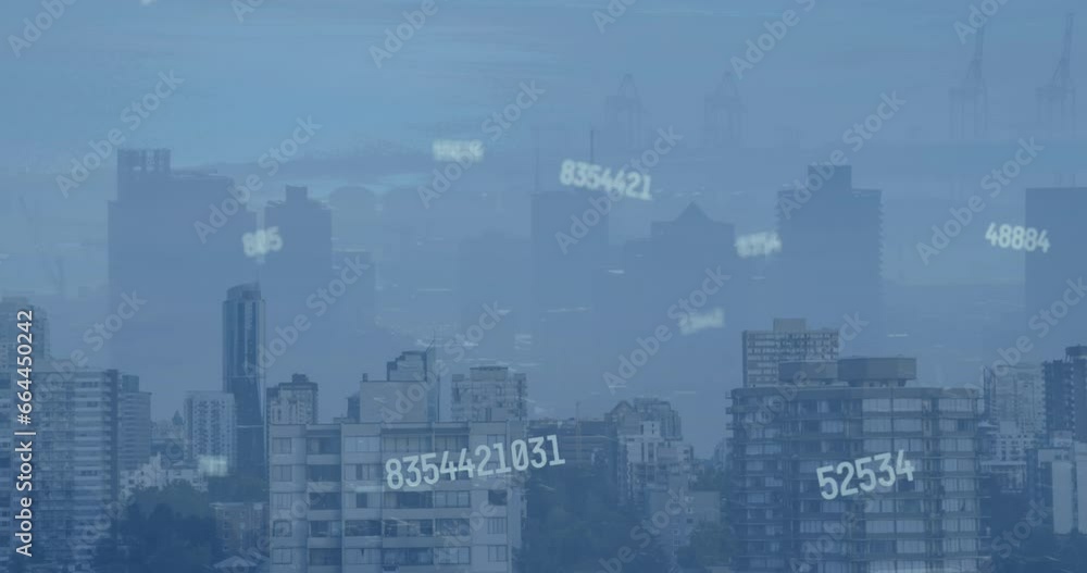 Poster animation of multiple changing numbers falling against aerial view of cityscape