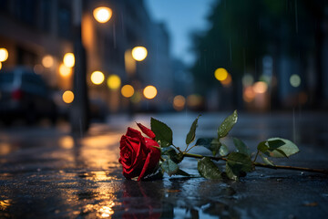 A wet red rose lies in the rain on the asphalt outside in night - obrazy, fototapety, plakaty
