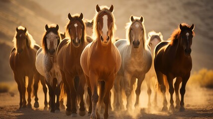 a group of big young beautiful energetic powerful horses looking into the camera in the desert, ultra wide angle lens