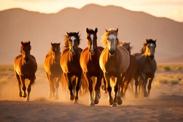 a group of big young beautiful energetic powerful horses running or galloping towards the camera in the desert, ultra wide angle lens - obrazy, fototapety, plakaty