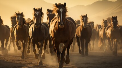 a group of big young beautiful energetic powerful horses running or galloping towards the camera in the desert, ultra wide angle lens