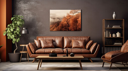 modern living room with brown sofa, table, and decor.