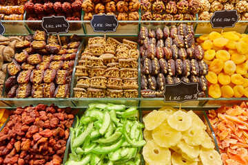 Traditional turkish sweet desserts detail. Oriental food. Fruits