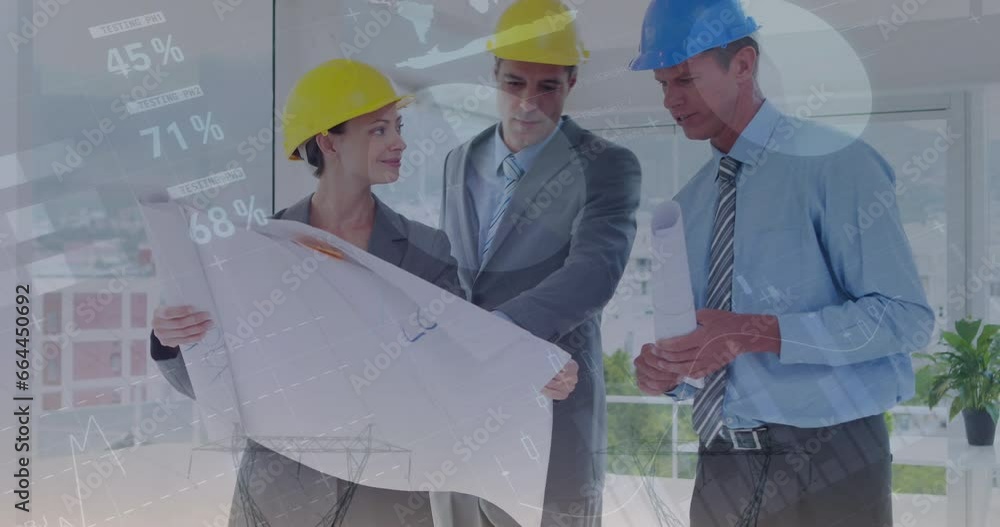 Poster animation of statistical data processing against group of diverse engineers discussing over a plan