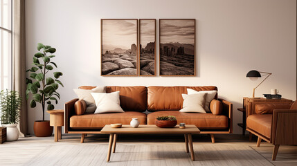 Fototapeta na wymiar modern living room with brown sofa, table, and decor.
