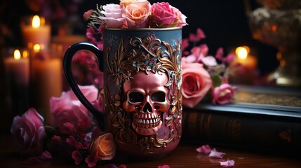 cup with skull face flowers background