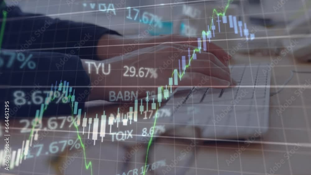 Poster animation of stock market data processing over mid section of a woman using computer at office